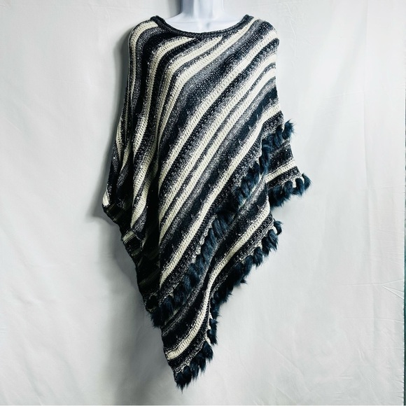 Chico's Sweaters - Chico’s Women’s Sz S/M Cream, Blue & Metallic Stripes Pullover Sweater Poncho